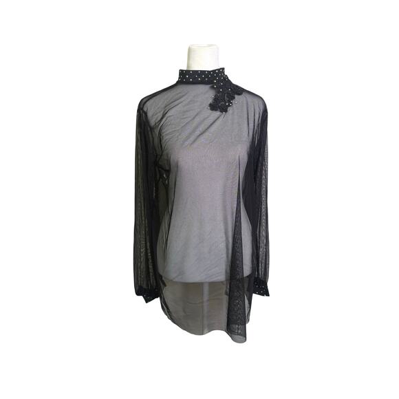 Vintage Kellé Sheer Black Mesh Tunic Top Small Adult – Rhinestone Collar Floral - Picture 1 of 5